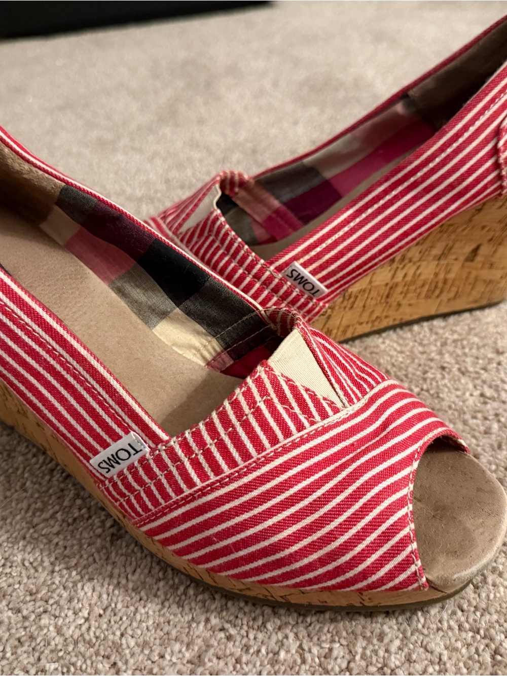 Toms Red and White Striped Cork Wedge Peep-Toe